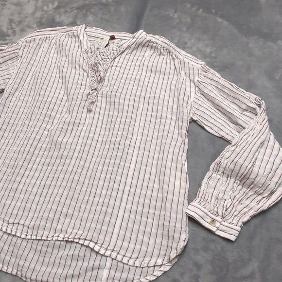 Pilcro Anthropologie Size S Blouse Cotton Linen Top V Neck Gauze Ruffle V-Neck - Picture 3 of 16